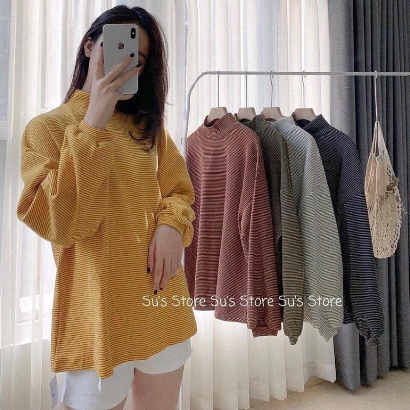 Áo len pull kẻ Quangr Châu, chất và fom đẹp, dáng thụng rộng dễ mặc