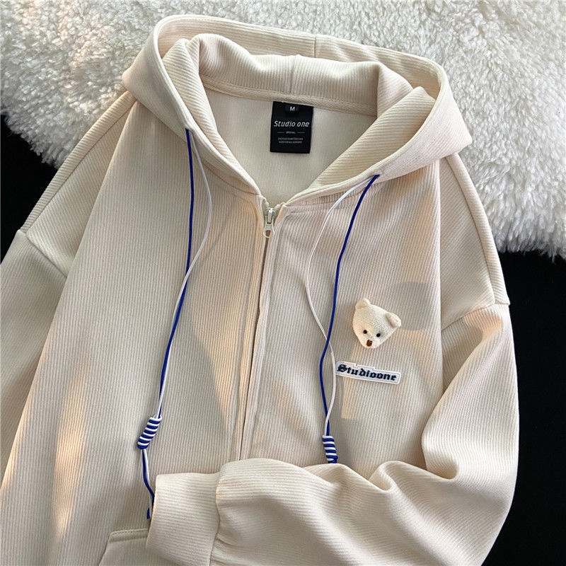 Happy-store ❤️ Áo Khoác Nỉ Dáng Rộng Nam Nữ Hoodie Zip Unisex Hình Gấu Studio Nỉ Gân 2 Màu