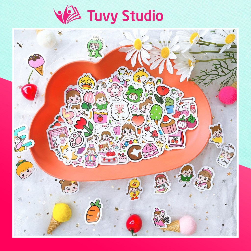Sticker dán gói 50 miếng, 80 miếng hoạt hình siêu cute dễ thương dán sổ, dán điện thoại sẵn tại Tú Vy Studio