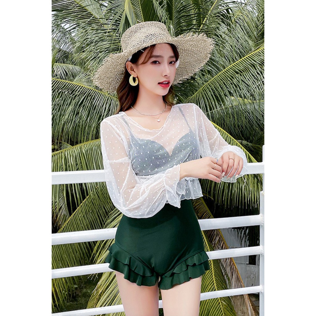 Bộ đồ bơi bikini nữ một mảnh liền thân đi tắm biển kèm áo croptop ren trắng chấm bi tiểu thư hot trend 2021