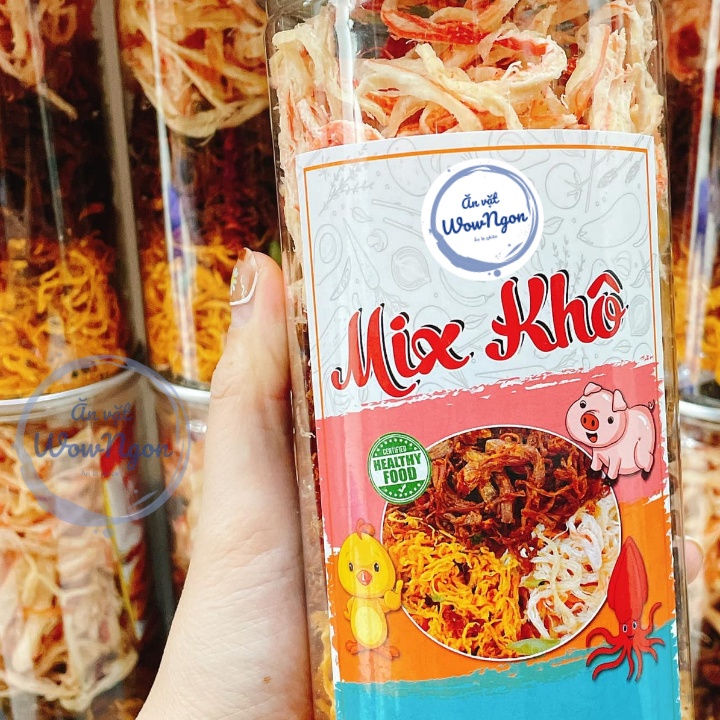 Khô  mix 3 vị Khô gà,  mực, heo , 3 vị trong 1 hộp 300g WOWNGON đồ ăn vặt Hà Nội