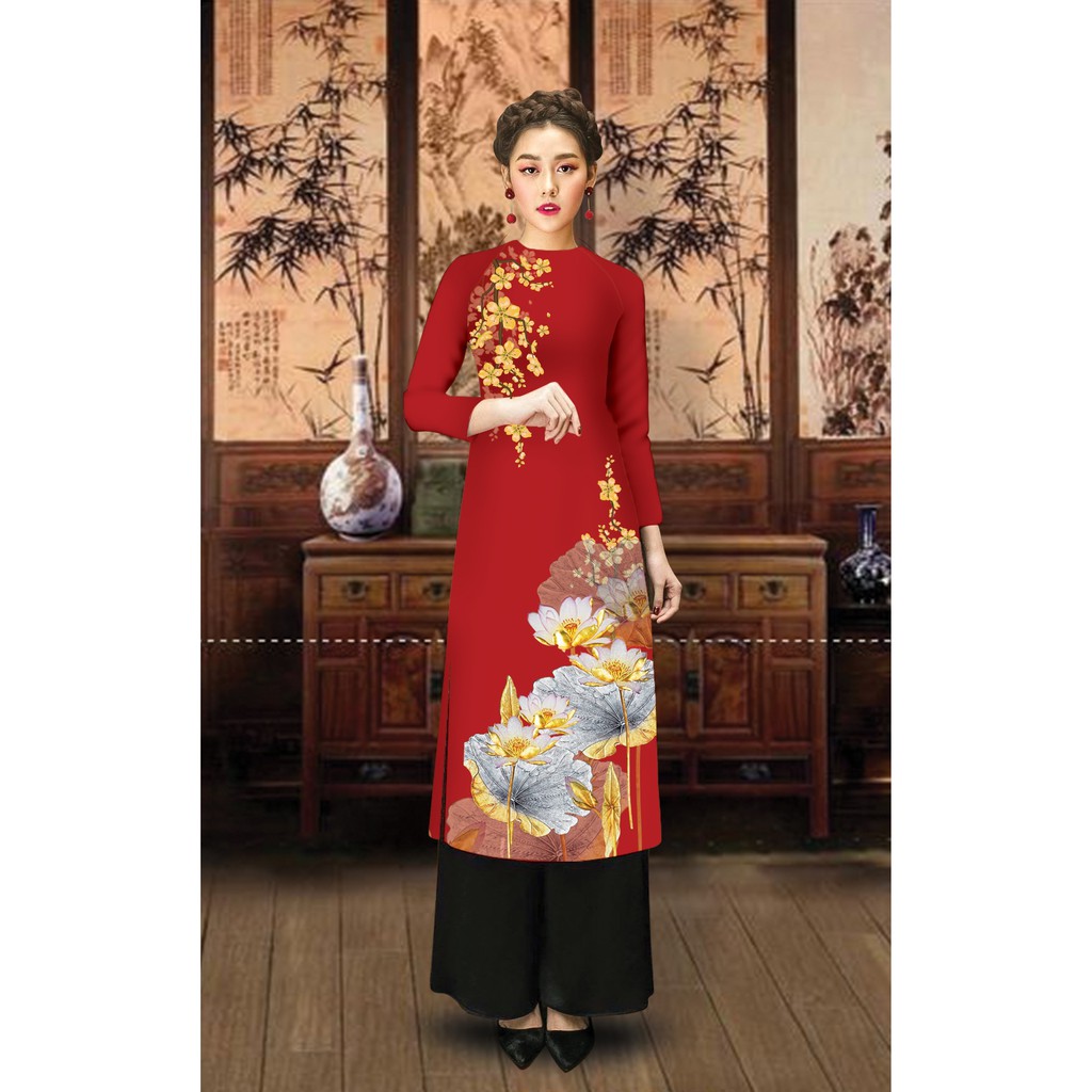 ÁO DÀI CÁCH TÂN IN MAI SEN VÀNG CAO CẤP - KHÔNG KÈM QUẦN