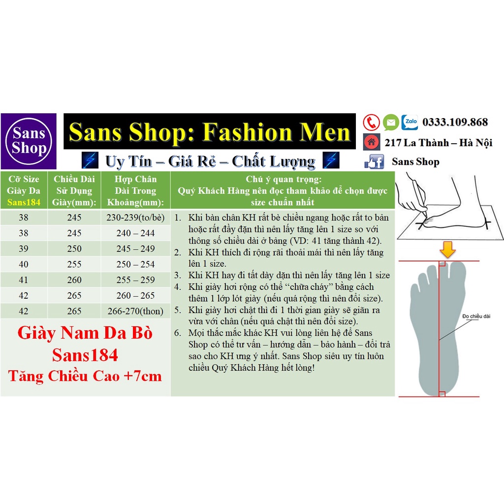 Giầy tăng chiều cao nam 7cm da bò thật Sans184 giày tây độn đế dày lười đẹp âu nâng gót màu đen nâu không dây cao cấp
