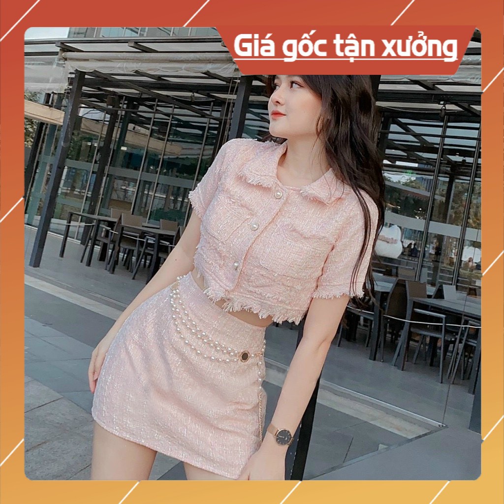 Set Croptop Tay Ngắn Cổ Sơ Mi Nút Ngọc Kèm Chân Váy, (Không Bao Gồm Xích Belt) - Vải Dạ - 3 Màu Xanh, Hồng, Nude