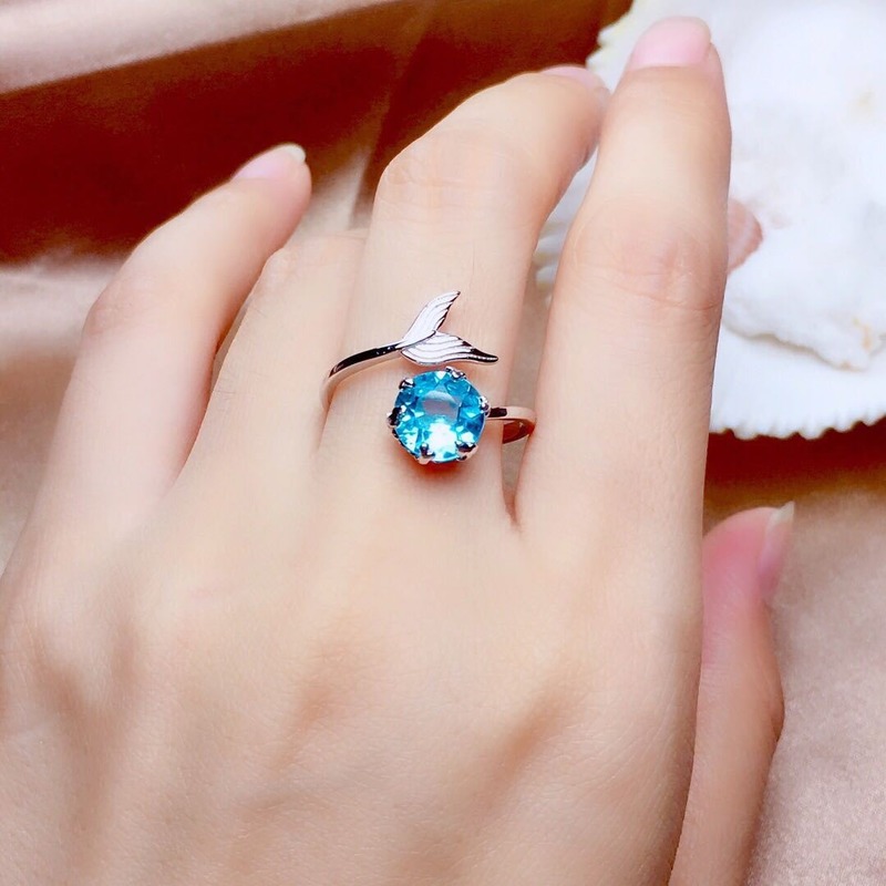 Nhẫn Bạch Kim Đính Đá Topaz Xanh Tự Nhiên Cho Nữ