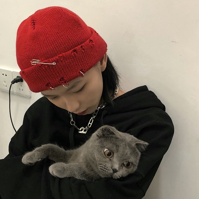 Mũ len cài ghim phối rách phong cách hip hop Hàn Quốc thu đông cho nam nữ mùa thu đông 22121