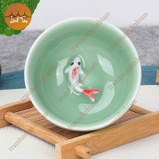 Chén gốm sứ cá chép 3d men ngọc, chén trà phụ kiện bàn trà