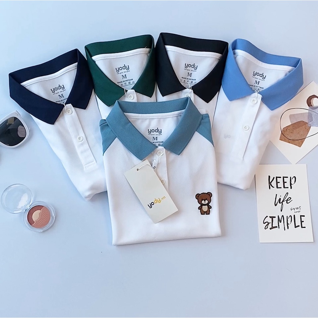 Áo polo YODY nữ chất liệu cafe phối tay raglan in hình gấu APN5326
