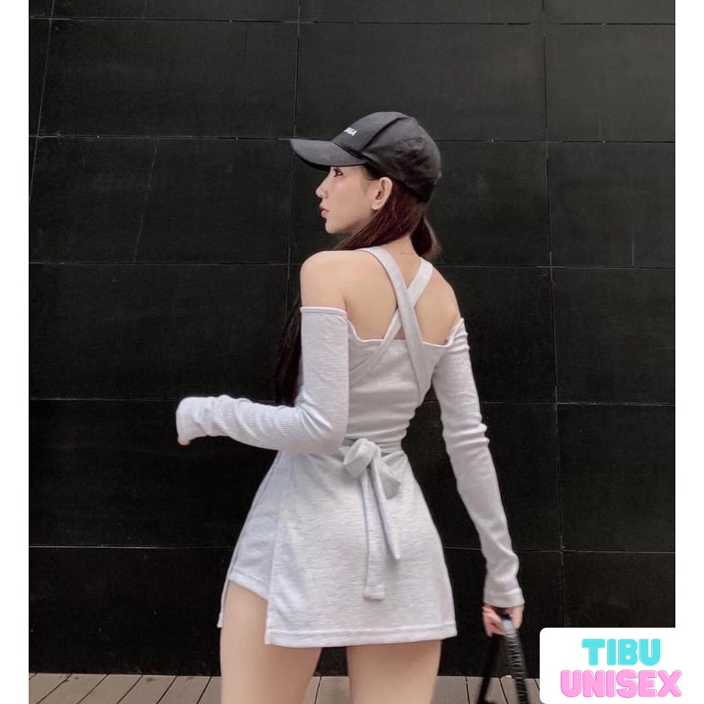 Set Đầm 2 dây body trễ vai đan lưng lạ mắt TIBU, quần giả váy nữ sexy cột nơ dáng ôm phù hợp đi tiệc đi chơi 2022