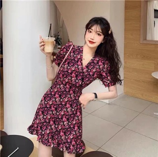 Đầm xoè hoa đỏ, tím đắp chéo đuôi cá (ảnh thật)