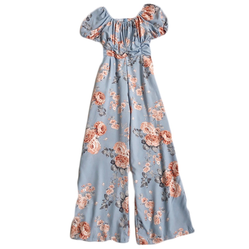 Bộ Áo Liền Quần Tay Ngắn Phồng In Hoa Kiểu Boho Cổ Điển Dễ Thương Cho Nữ