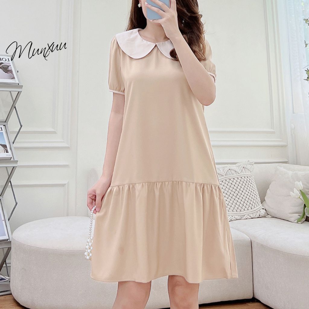 Đầm nữ babydoll MUNXUU hàng thiết kế tay ngắn cổ sen màu trơn dáng dài xòe nhẹ nhàng thanh lịch - V11
