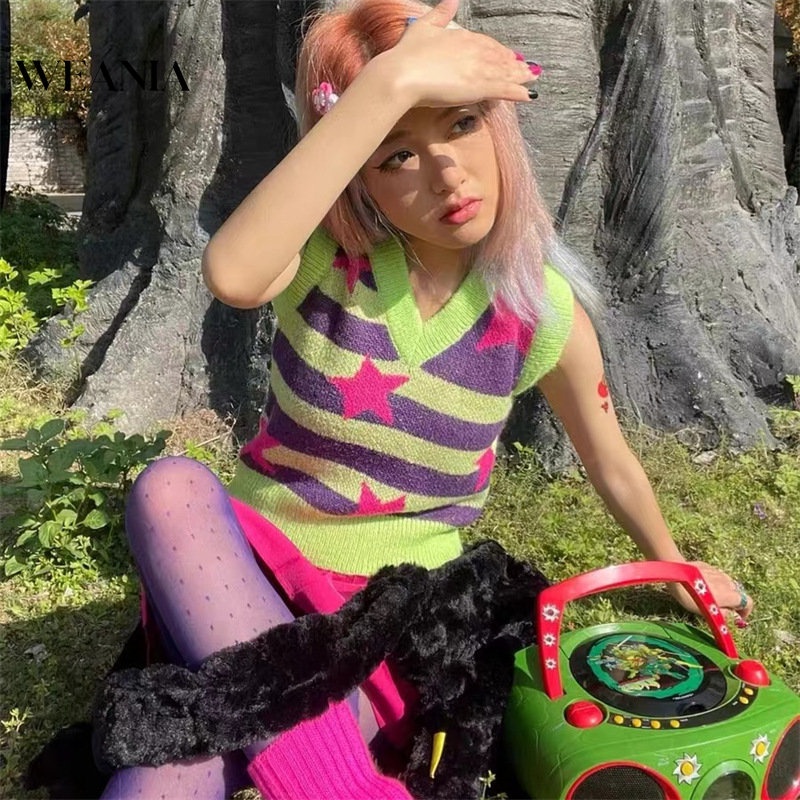 Áo Tank Top Dệt Kim Cổ Chữ V Họa Tiết Kẻ Sọc / Ngôi Sao Nhiều Màu