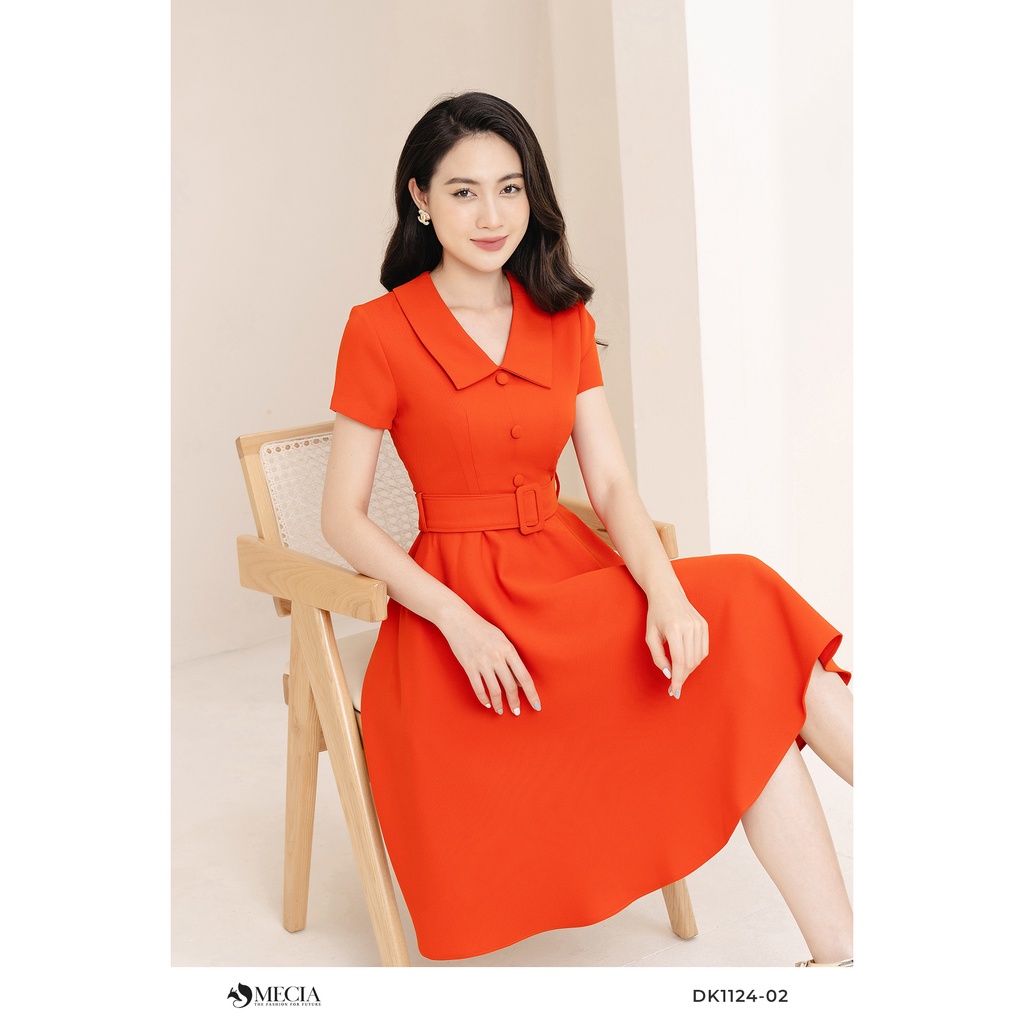 Đầm xòe cổ vest tay ngắn cao cấp MECIA thắt eo sang trọng DK1124