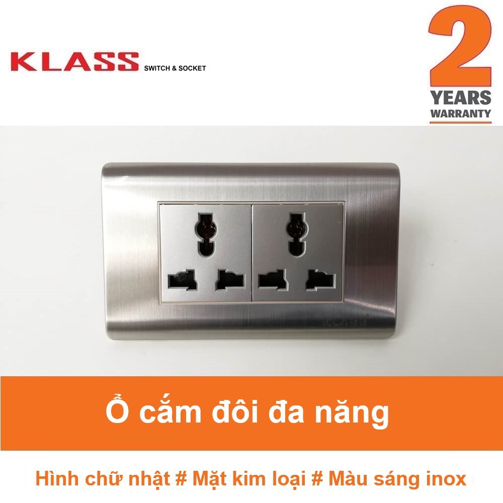 Ổ cắm đôi đa năng, hình chữ nhật, màu bạc sáng inox, KLASS 118KQ3 118KQ3-030