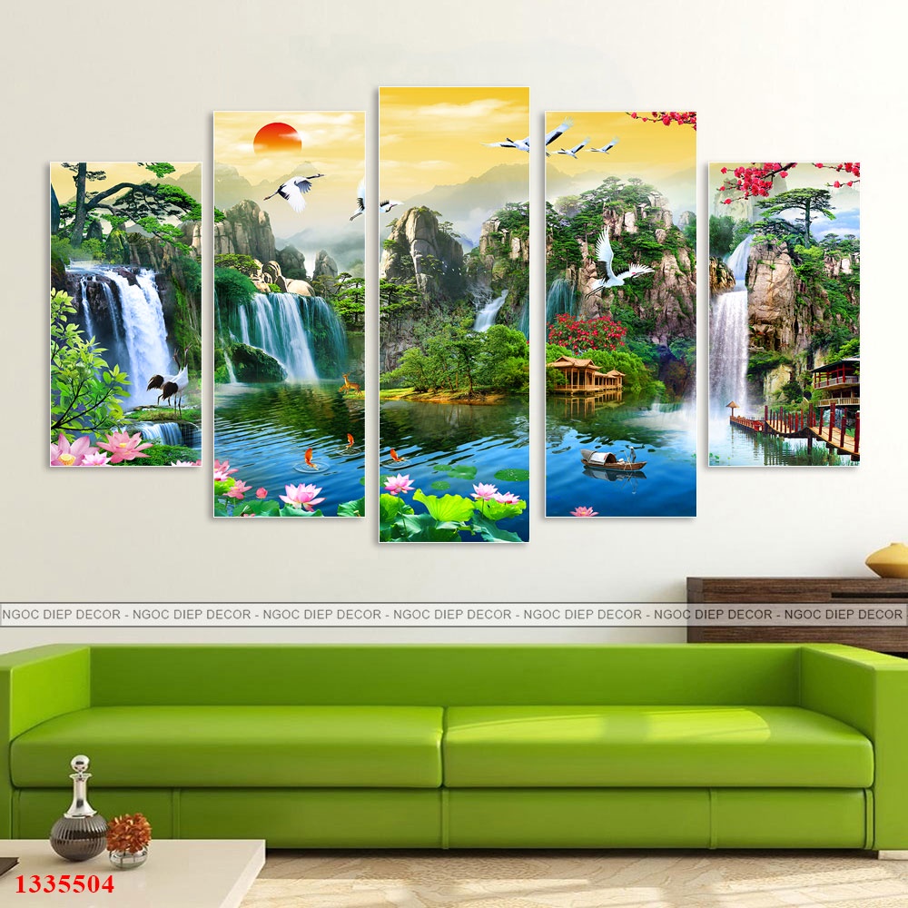Bộ 5 tấm tranh dán tường phong thủy - Tranh dán tường phòng khách, kèm băng dính xốp