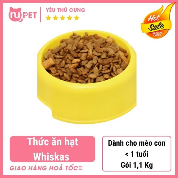 Thức ăn hạt Whiskas mèo con từ 2-12 tháng tuổi bịch 1,1kg tại Nupet