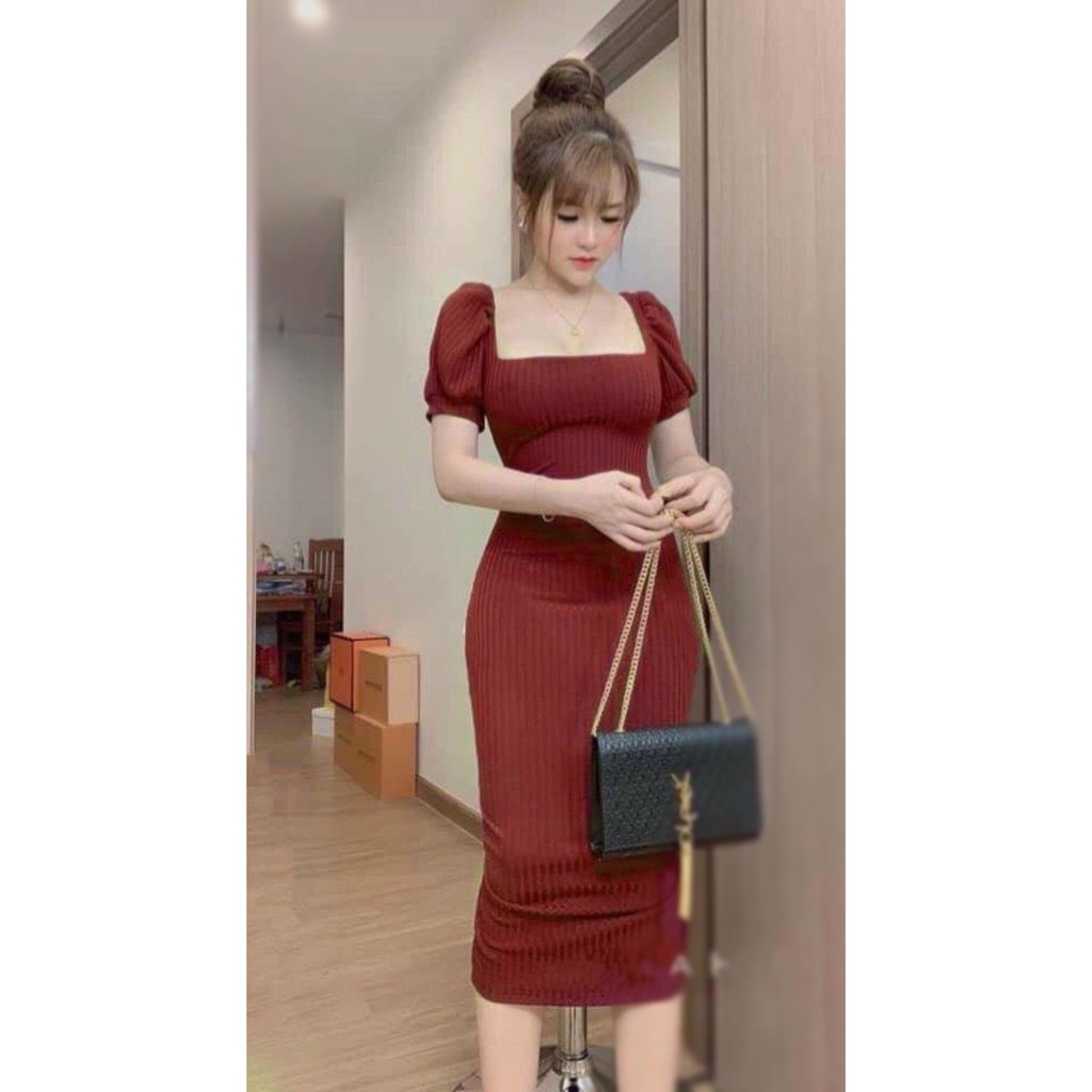 Đầm body cổ vuông tay phồng chất thun gân mềm mịn co giãn tốt đẹp xuất sắc, Váy body nữ cổ vuông thun gân đẹp MIDORI247