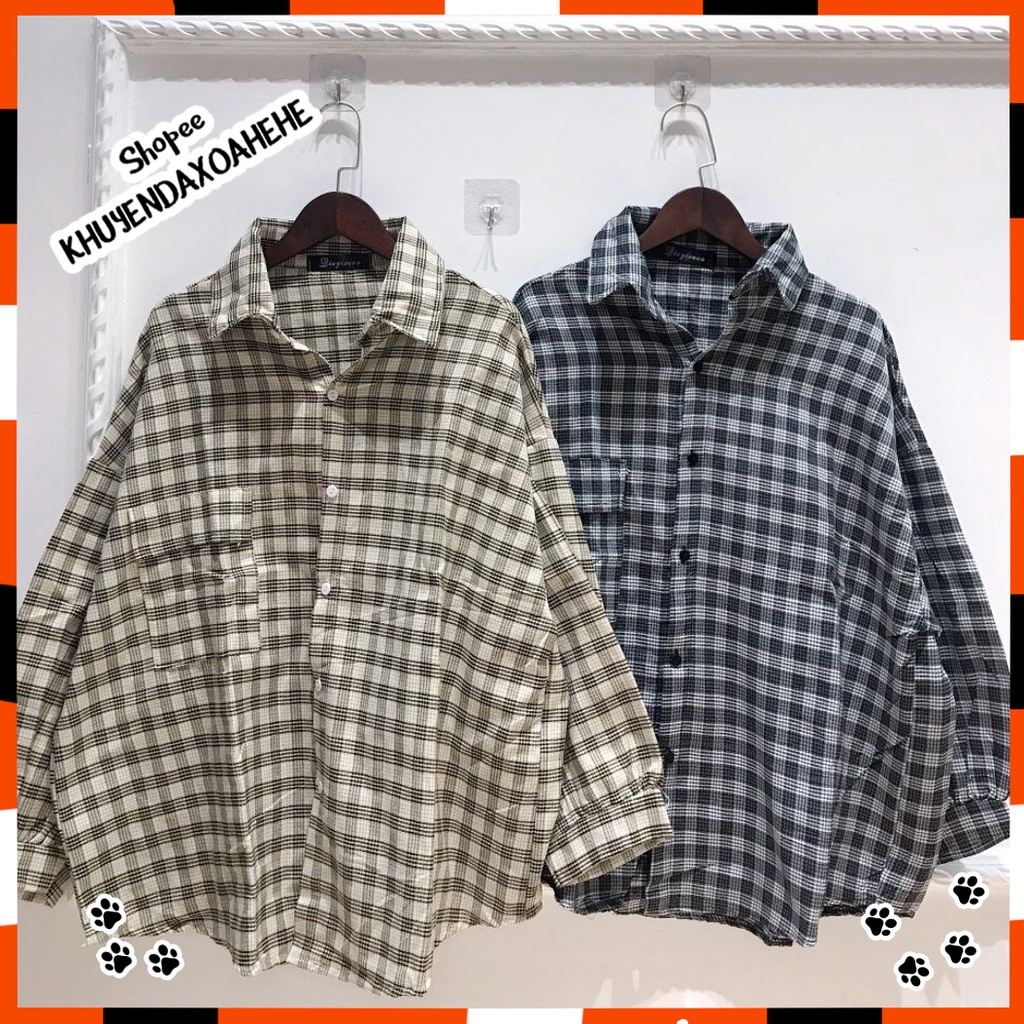 A011 Áo sơ mi kẻ caro oversize nam nữ vintage dài tay ulzzang, áo khoác chống nắng form rộng tay phồng Hàn Quốc đi học đ