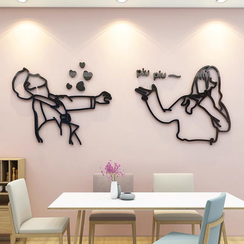 Decal dán tường mica dán nổi cặp đôi biu biu trang trí quán cafe, trà sữa, phòng ngủ