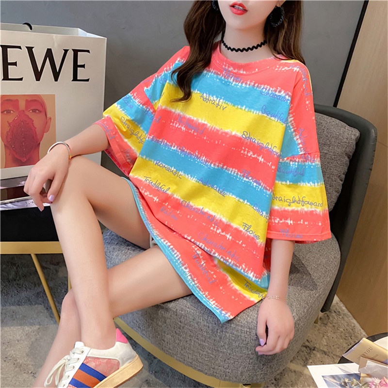 Áo thun nữ ulizzang form rộng tay lỡ cổ tròn, Áo thun nữ phối màu kẻ ngang cực xinh A02
