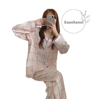 Bộ Pyzama nữ kẻ caro 3 mầu Cam, Hồng và Xanh KMH06