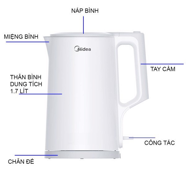 Ấm đun siêu tốc Midea 1.7 lít MK-17DW - Trắng - Hàng Chính Hãng, Bảo hành toàn quốc 12 tháng