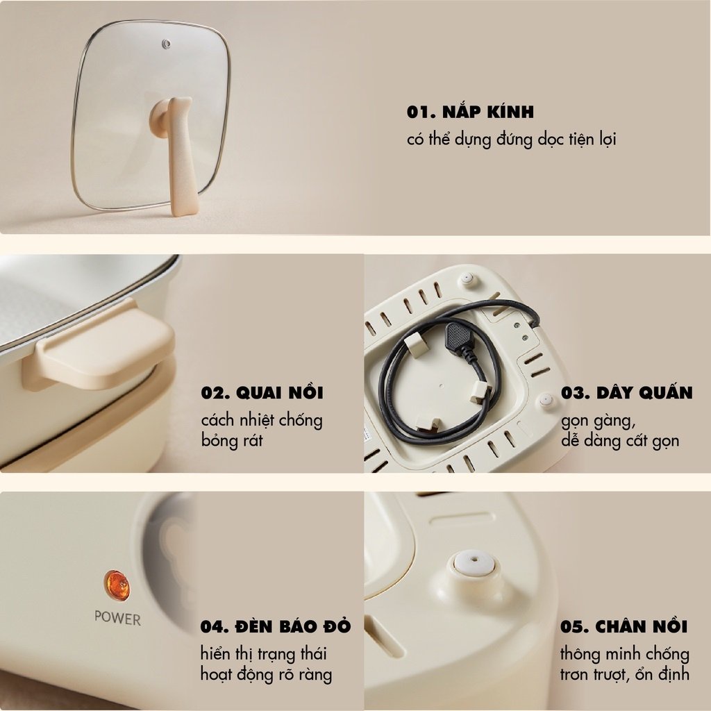 Nồi bếp lẩu nướng điện mini 2 ngăn đa năng, 7 trong 1, Công suất 1500W, sử dụng cho 5 người