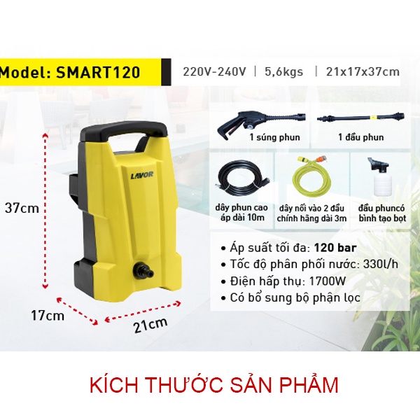 Máy xịt rửa xe mini phun áp lực nước cao áp Lavor SMART120 new model, 1700W,  bảo hành 1 năm