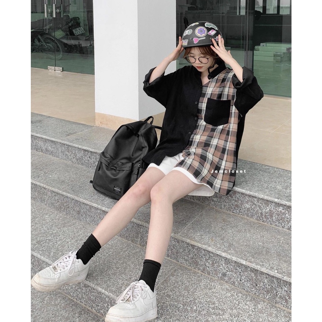 A040 Áo sơ mi form rộng phối kẻ 2 màu cá tính thời trang unisex/ Áo sơ mi nam nữ dài tay mặc đi học, chống nắng