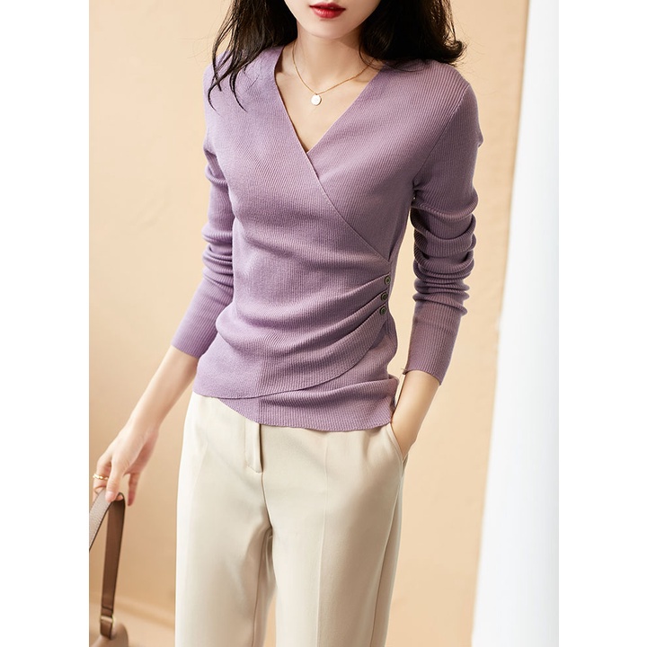 Áo Dệt Kim Tay Lở Cổ Chữ V Màu Sắc Đơn Giản Thanh Lịch