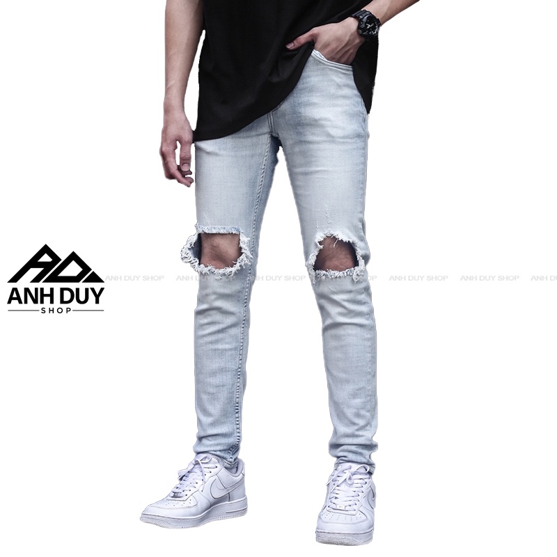 Quần Jean Nam Rách Gối Màu Xanh Chất Bò Cao Cấp Co Giãn Cực Đẹp Trơn Form Skinny Ôm Dáng ANH DUY SHOP QJ0408