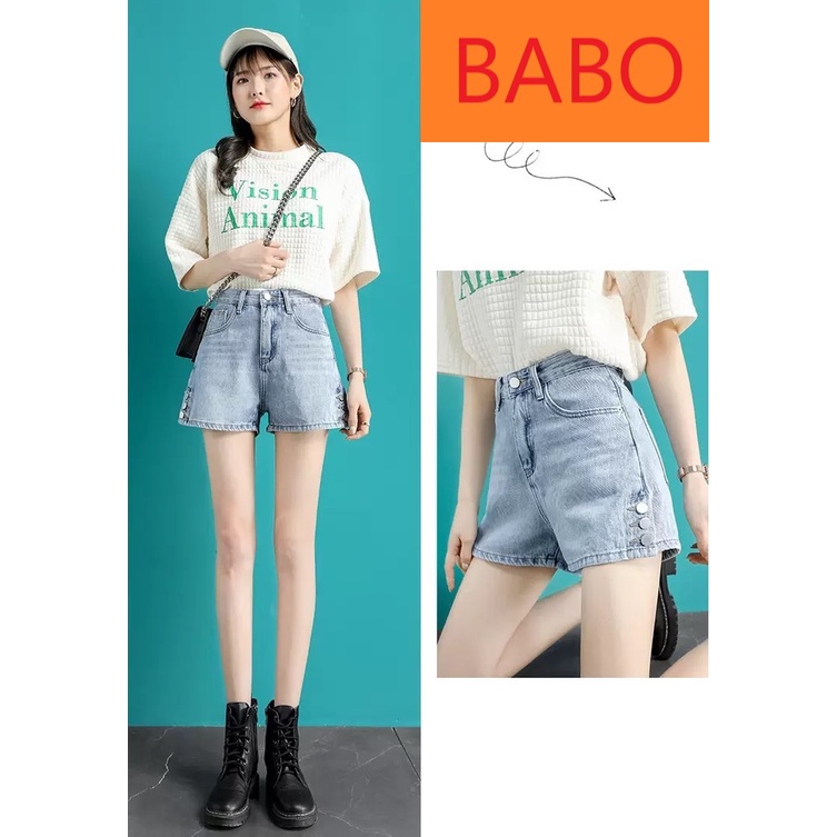 QUẦN JEAN NGỐ LỬNG NỮ XÈ TÀ NÚT FORM RỘNG XANH NHẠT LAI CUỐN CUTE CAO CẤP BABO