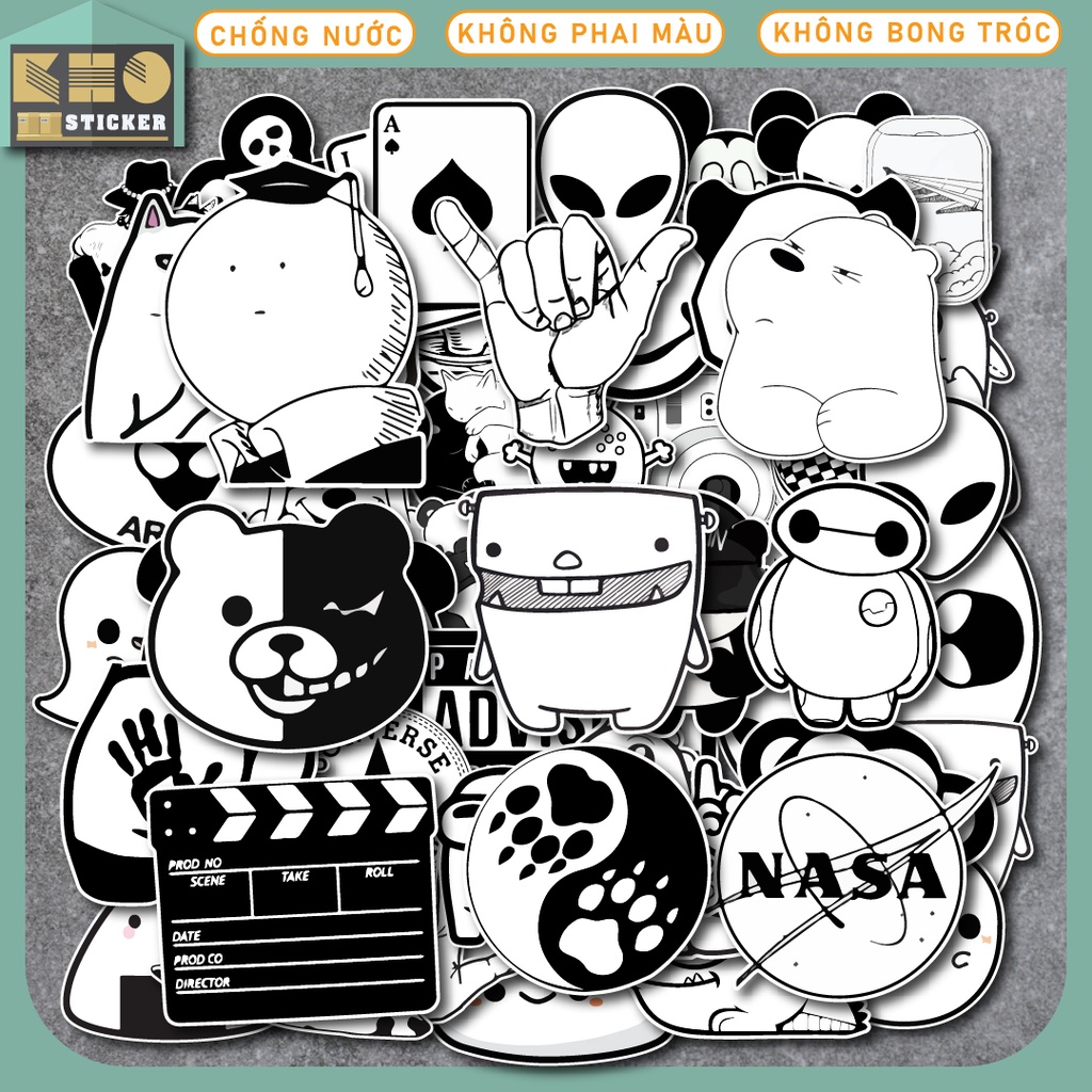 Combo 50 Sticker Trắng Đen chống nước sticker dán laptop, điện thoại, đàn guitar, mũ bảo hiểm, vali. MSP: ST93