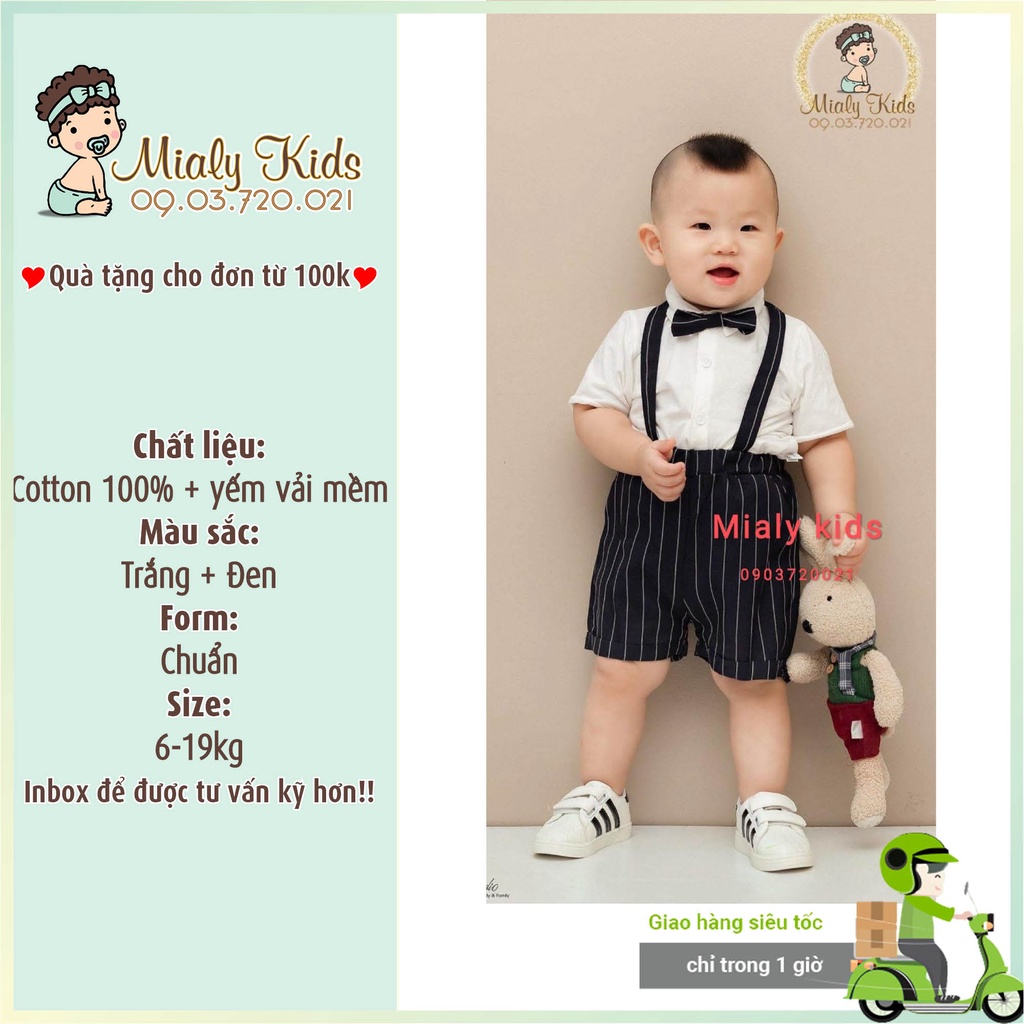 Set yếm đen và áo sơ mi trắng cotton Mialy Kids bảnh bao cho bé trai (16-18 kg) - Vải mềm mịn, thoáng mát