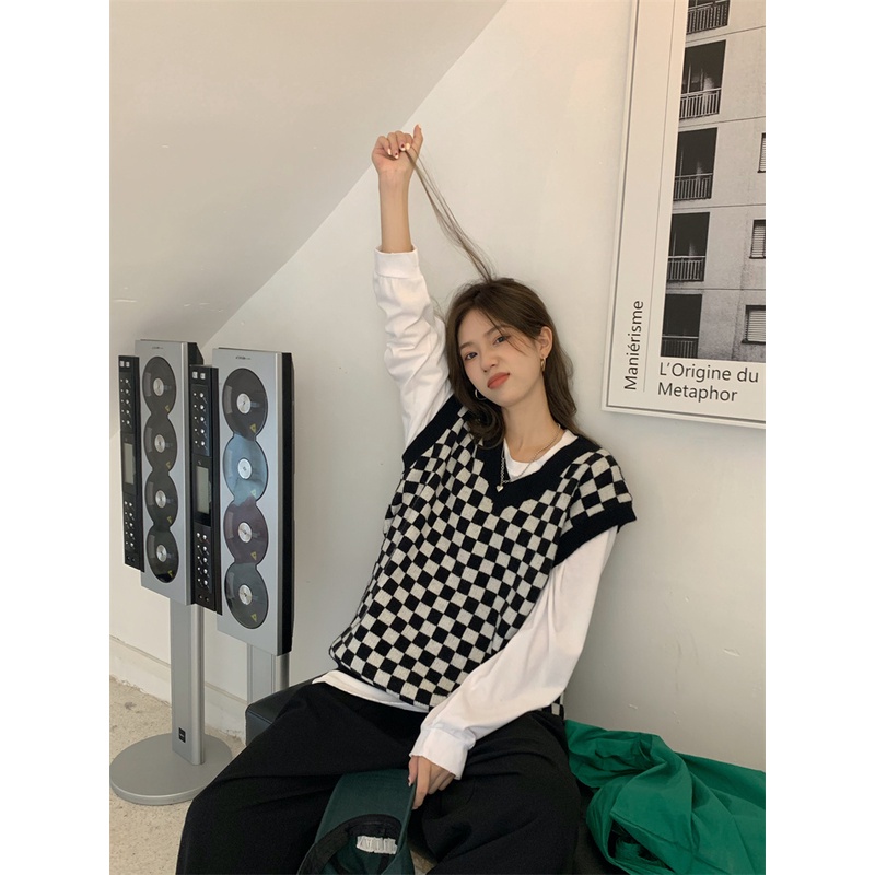 Áo gile nữ len ulzzang cổ chữ V họa tiết kẻ ô đen trắng - AL06 | BigBuy360 - bigbuy360.vn