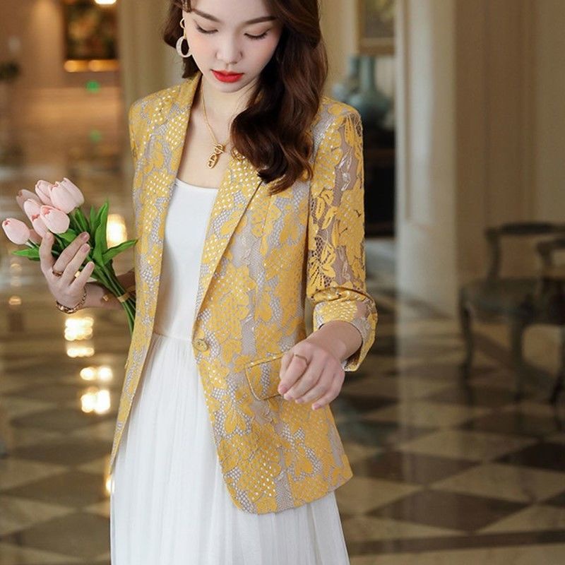 Áo Khoác Vest Phối Ren Mỏng Dáng Ôm Thời Trang Xuân Hè Phong Cách Hàn Quốc Cho Nữ