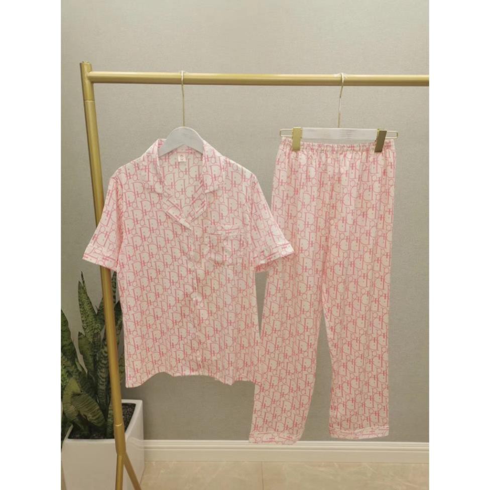 Bộ ngủ lụa Pijama dài tay hoạ tiết Đi O hàng cao cấp