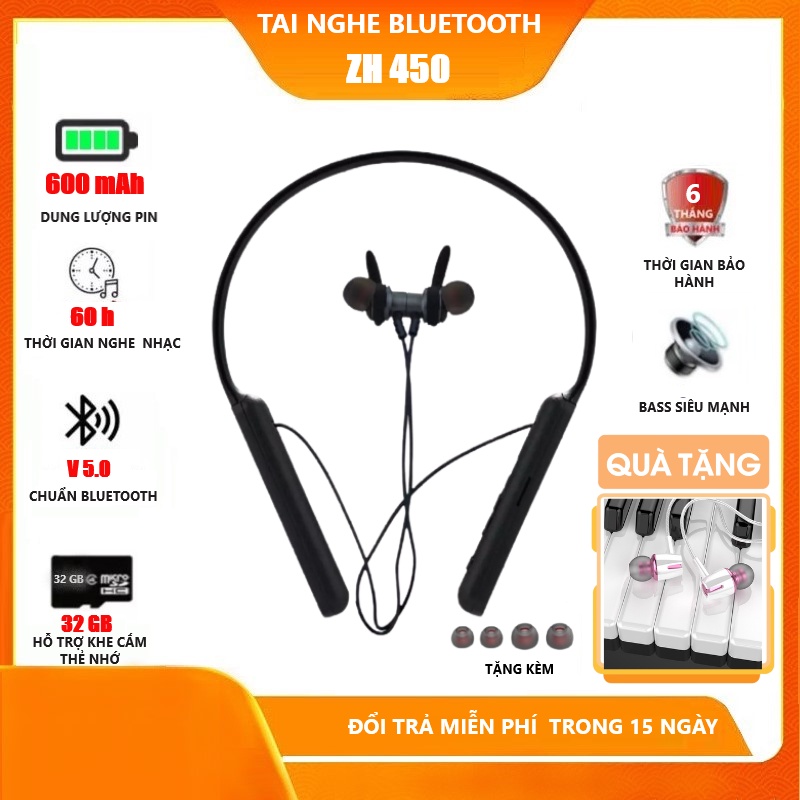 Tai nghe không dây, tai nghe bluetooth nhét tai Zh450 Pin 600mAh nghe  nhạc 60h mic đàm thoại tốt âm thanh sống động