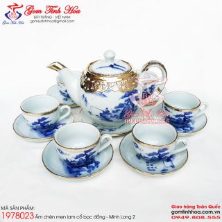 Ấm chén Minh Long men lam cổ bọc đồng gốm sứ Bát Tràng cao cấp
