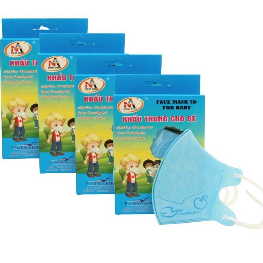 Khẩu trang trẻ em 5D mask Nam Anh Famapro, hộp 10 cái, khẩu trang cho bé 2-6 tuổi, 3 lớp kháng khuẩn, quai thun co dãn