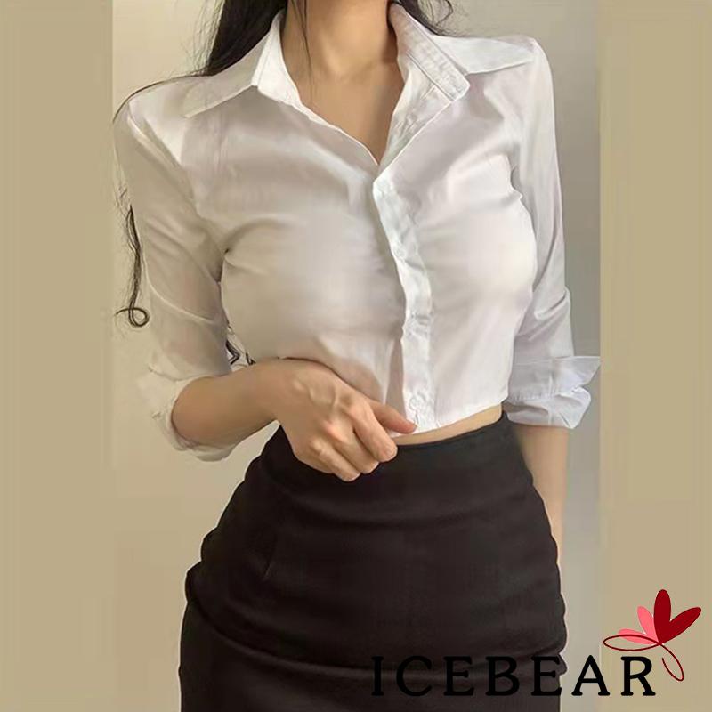 Áo Croptop Tay Dài Màu Trơn Phối Nút Thiết Kế Đơn Giản Hợp Thời Trang