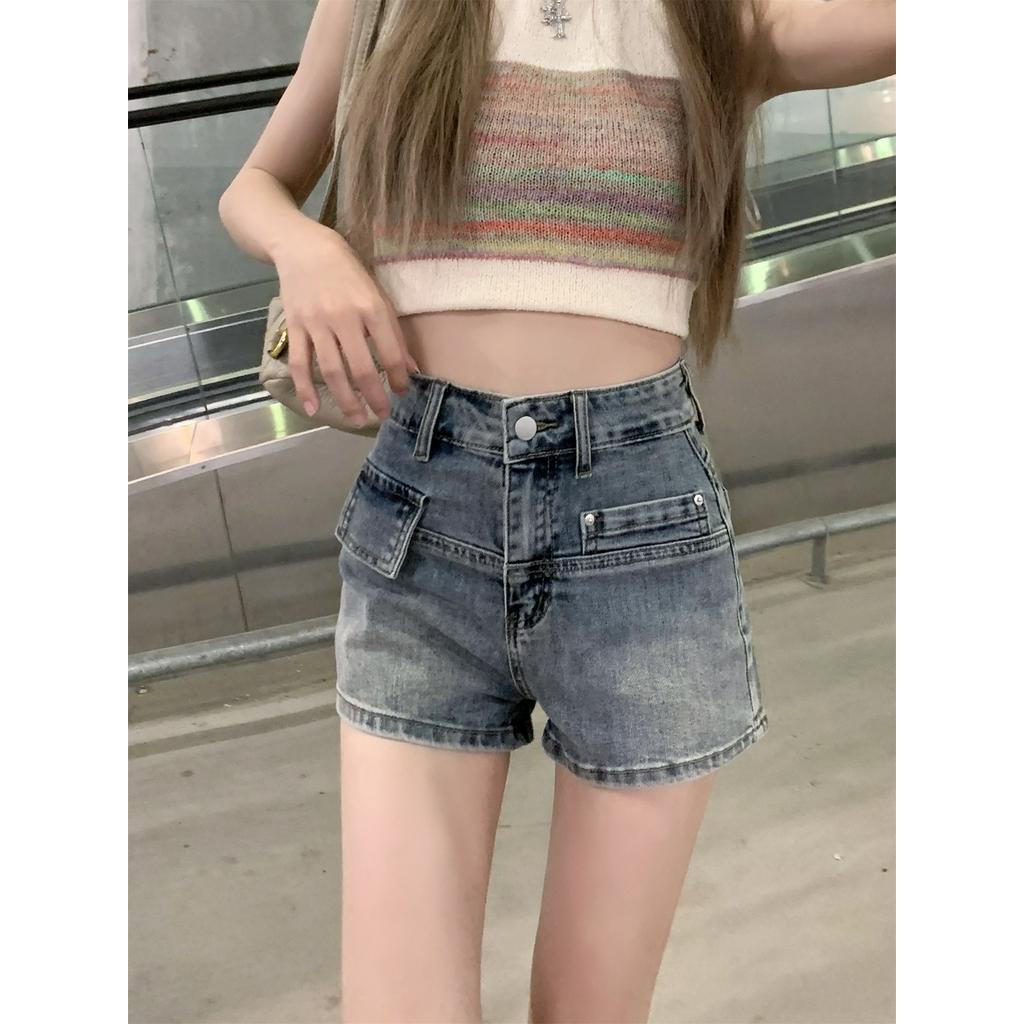 Quần Short Denim Lưng Cao Có Túi Phong Cách Hàn Quốc Cho Nữ