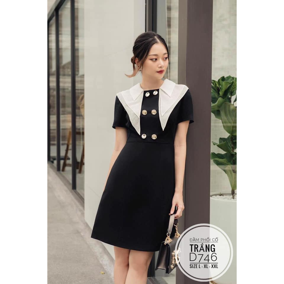 (CÓ ẢNH THÂT) TBIGSIZE Đầm phối cổ trắng D746 Chất liệu: vải cotton thái Màu sắc: đen phối trắng