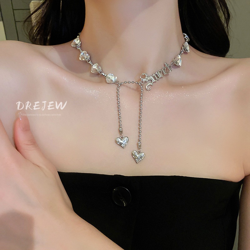 Dây chuyền DREJEW kim loại mặt trái tim đính đá phong cách hip hop Âu Mỹ thời trang