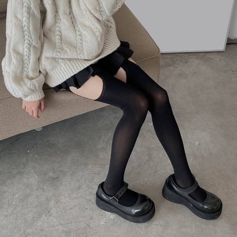 Xiangbao Dây Đai Nịt Bít Tất Giả Phối Ren Lỗ Cắt Bên Gợi Cảm Harajuku Lolita Gothic Cho Nữ