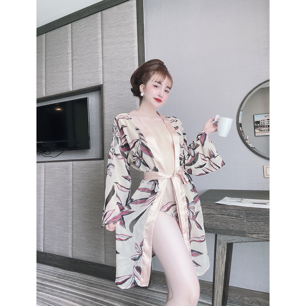 Áo Choàng Ngủ, Set Áo Choàng Kèm Quần Vải Satin Phối Voan Chất Siêu Mát Dáng Siêu Xinh