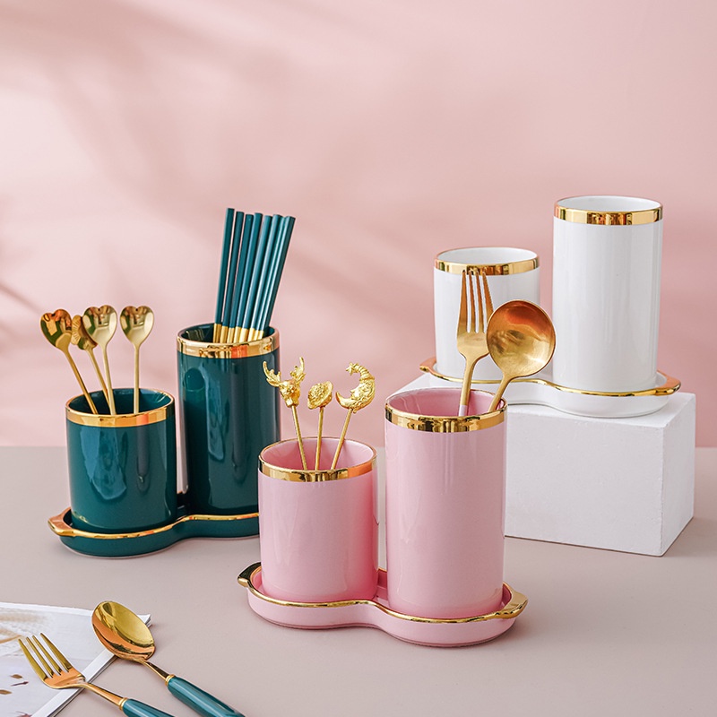 Ống Đựng Đũa - Giá Kệ Đồ Để Đũa,thìa,muỗng - Hũ Đựng Dao Kéo Bằng Sứ Viền Vàng Cao Cấp Phong Cách Bắc Âu