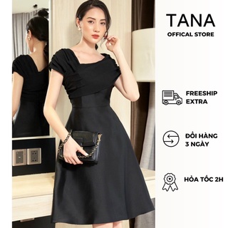 Đầm lệch vai dự tiệc dáng xòe vải phi phối voan mặc đi tiệc, mặc đi chơi sang trọng màu đen và màu trắng TaNa D0550