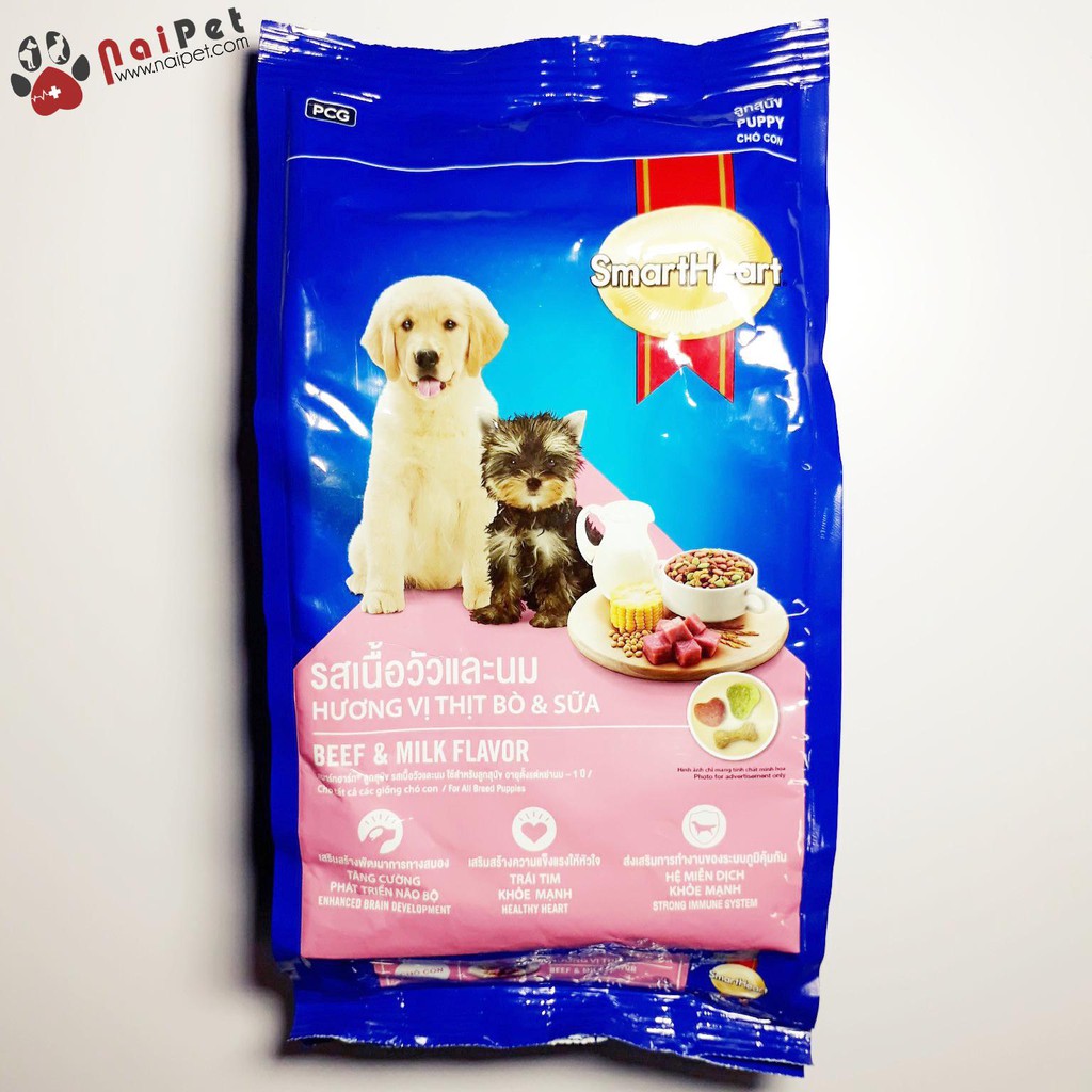 Thức Ăn Hạt Khô Vị Thịt Bò Và Sữa Cho Chó Con Puppy SmartHeart 400g